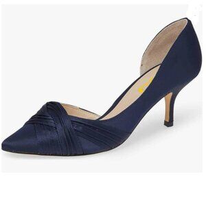 FSJ Navy Kitten Heels Pointed Toe Slip on Pumps D'Orsay Pleated Satin Shoes